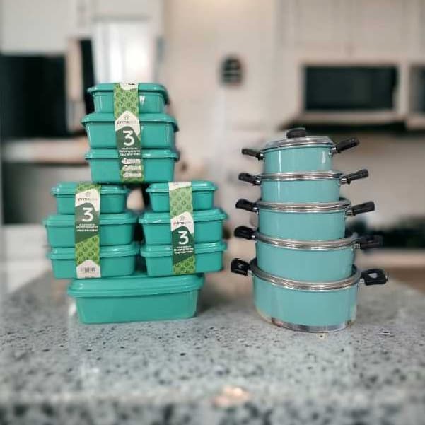 KIT JOGO DE PANELAS 5 PEÇAS +  JOGO DE POTES 10 PEÇAS