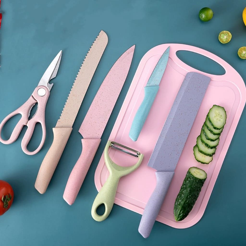 Jogo kit 7 peças facas Tabua Descascador Tesoura Profissional Cozinha Gourmet Faca de Churrasco