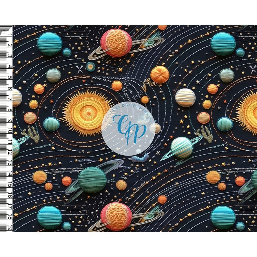 Tecido tricoline, microfibra ou gabardine - Universo - bordado - 3D - 0.50CM