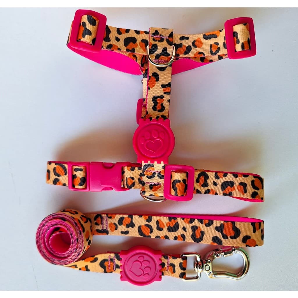 Peitoral H Anti-puxão onça rosa para cachorro