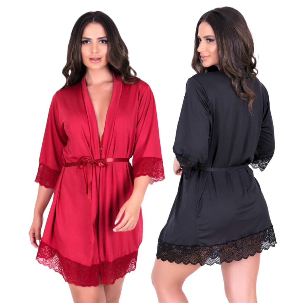 Kit com 2 Robe Feminino Confortável Com Manga Média de Microfibra com Renda Robe de Noiva Casamento