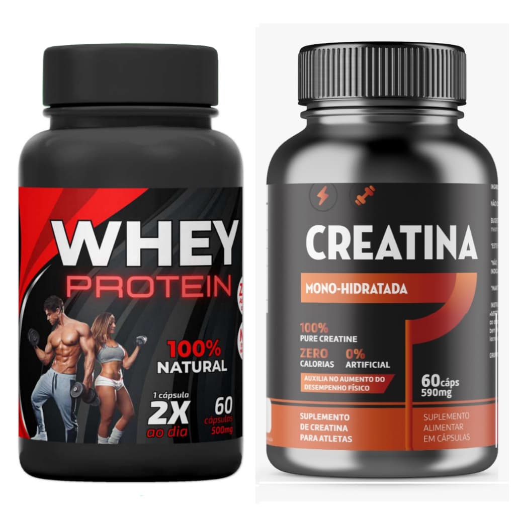 Kit Fitness - Creatina + Whey Proten 60 Caps Cada 500mg Musculação + Nota Fiscal (Total 120 Caps)