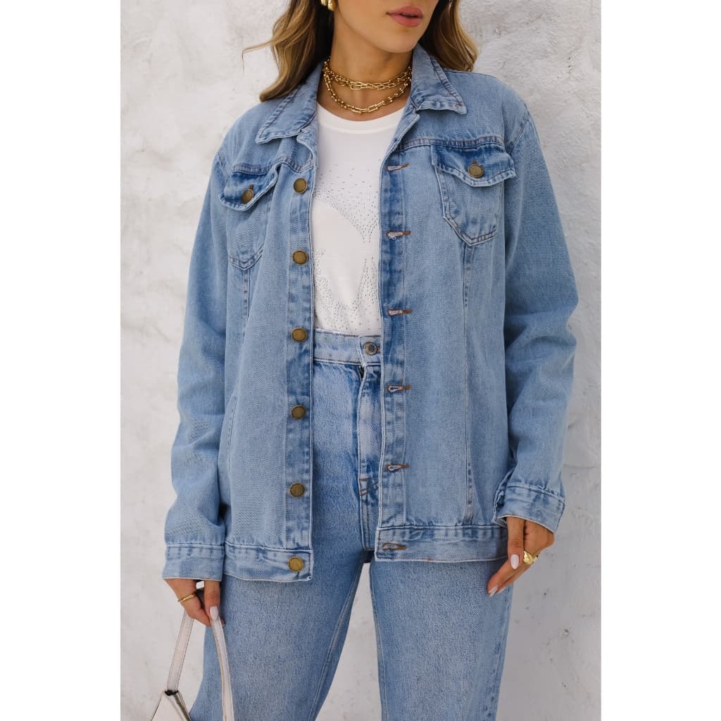 Max Jaqueta Jeans Casual Feminina  , Ser lycra com bolso e botão