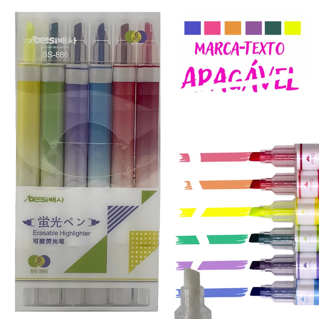 kit 6 Canetas Marca Texto Apagável - Beise