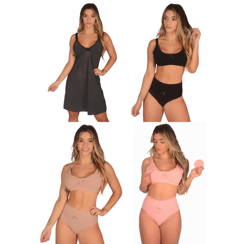Kit 1 Camisola + 3 Conjuntos (Sutiã de Amamentação + Calcinha Pós Parto) - Soutien para Amamentar sem Bojo Gestante Reforçado Algodão Sustentação Feminina Pijama Luxo Roupa Dormir Verão Liganete Calsinha Cós Alto Cintura Alta