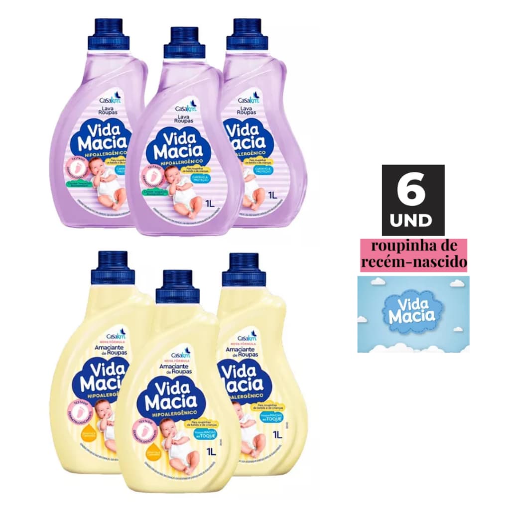 Kit com 3 Lava Roupas Líquido + 3 Amaciante para roupa do Bebê 1 Litro