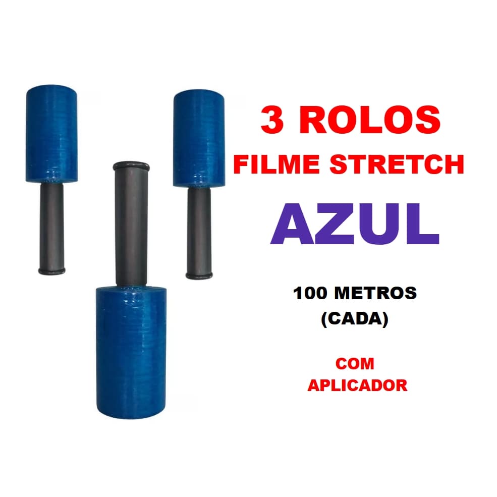 3 Rolos Filme Stretch AZUL com aplicador (10cm) 100 Metros (cada)
