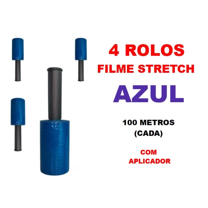 4 Rolos Filme Stretch AZUL com aplicador (10cm) 100 Metros (cada)
