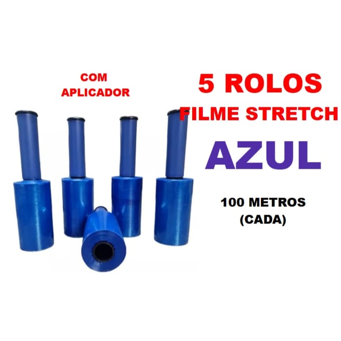 5 Rolos Filme Stretch AZUL com aplicador (10cm) 100 Metros (cada)
