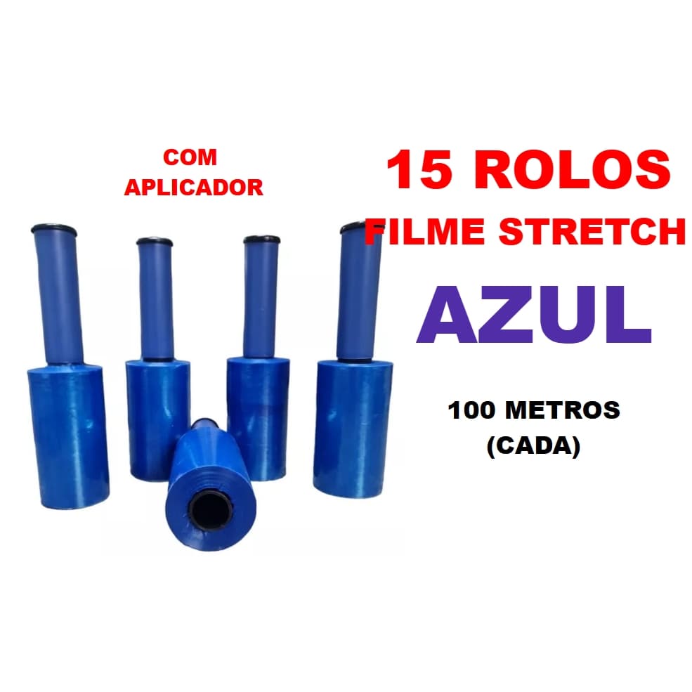 15 Rolos Filme Stretch AZUL com aplicador (10cm) 100 Metros (cada)