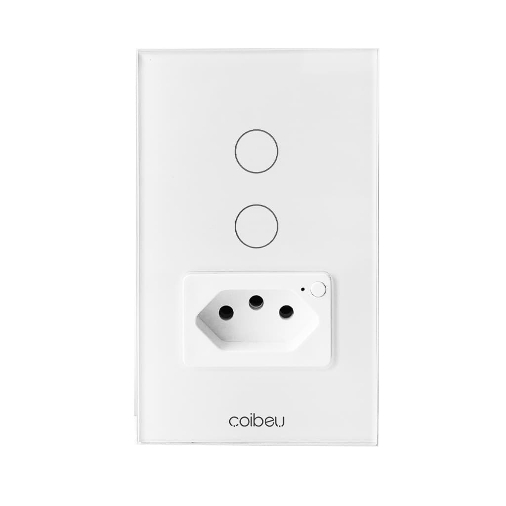 COIBEU Interruptor Inteligente WiFi com Painel de Vidro Touch 2 Botões + 1 Tomada Compatível com Tuya Alexa e Google
