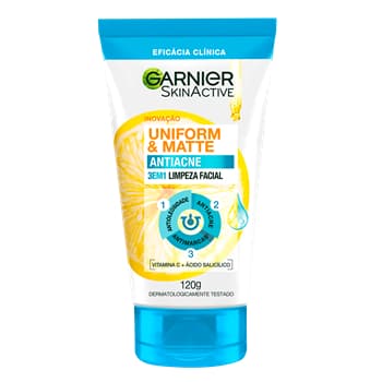 Garnier limpeza facial uniform & matte Antiacne, Limpeza facial, Antioleosidade, Antiacne, Antimarcas 120g