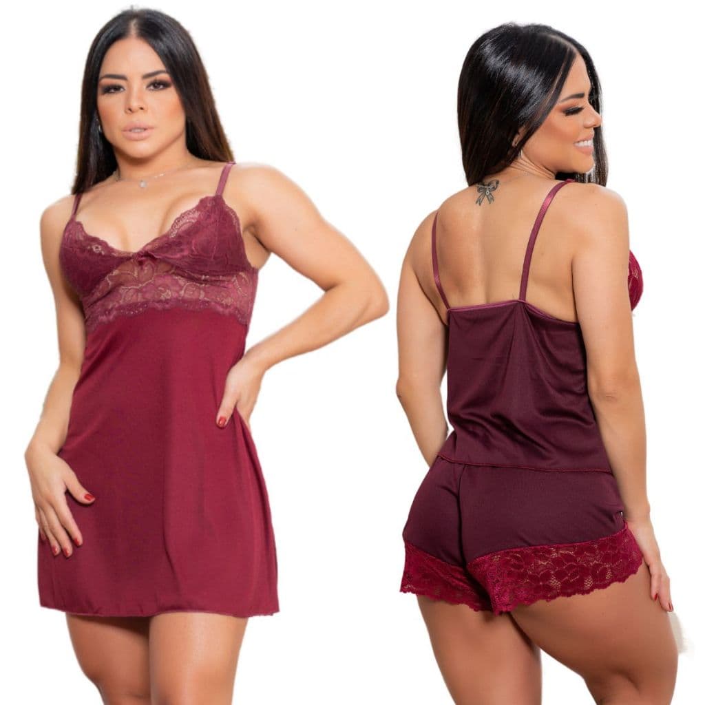 kit  Com 1 camisola feminina com renda  e 1 baby doll short doll pijamas Roupa de dormir