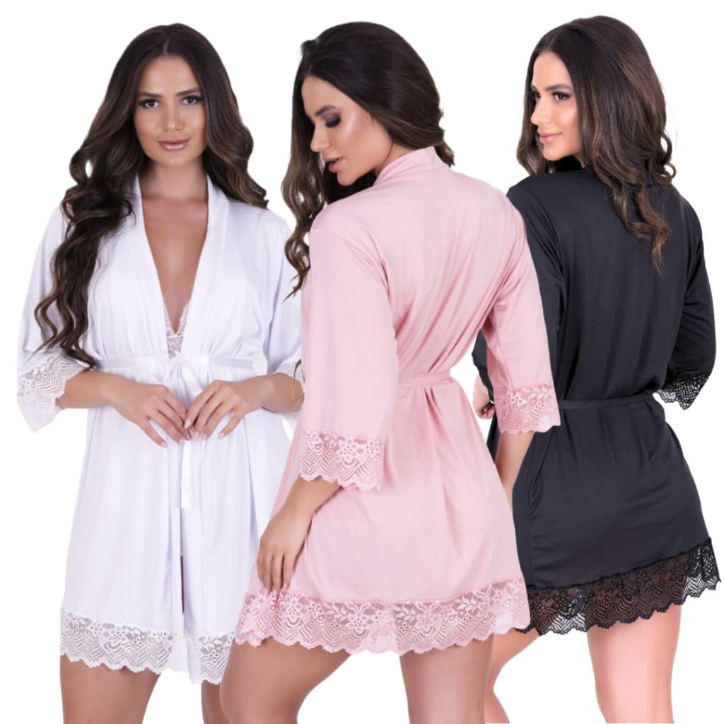Kit com 3 Robe Roupão Feminino de Microfibra Detalhes em Renda e Manga Longa Robe para Noivas