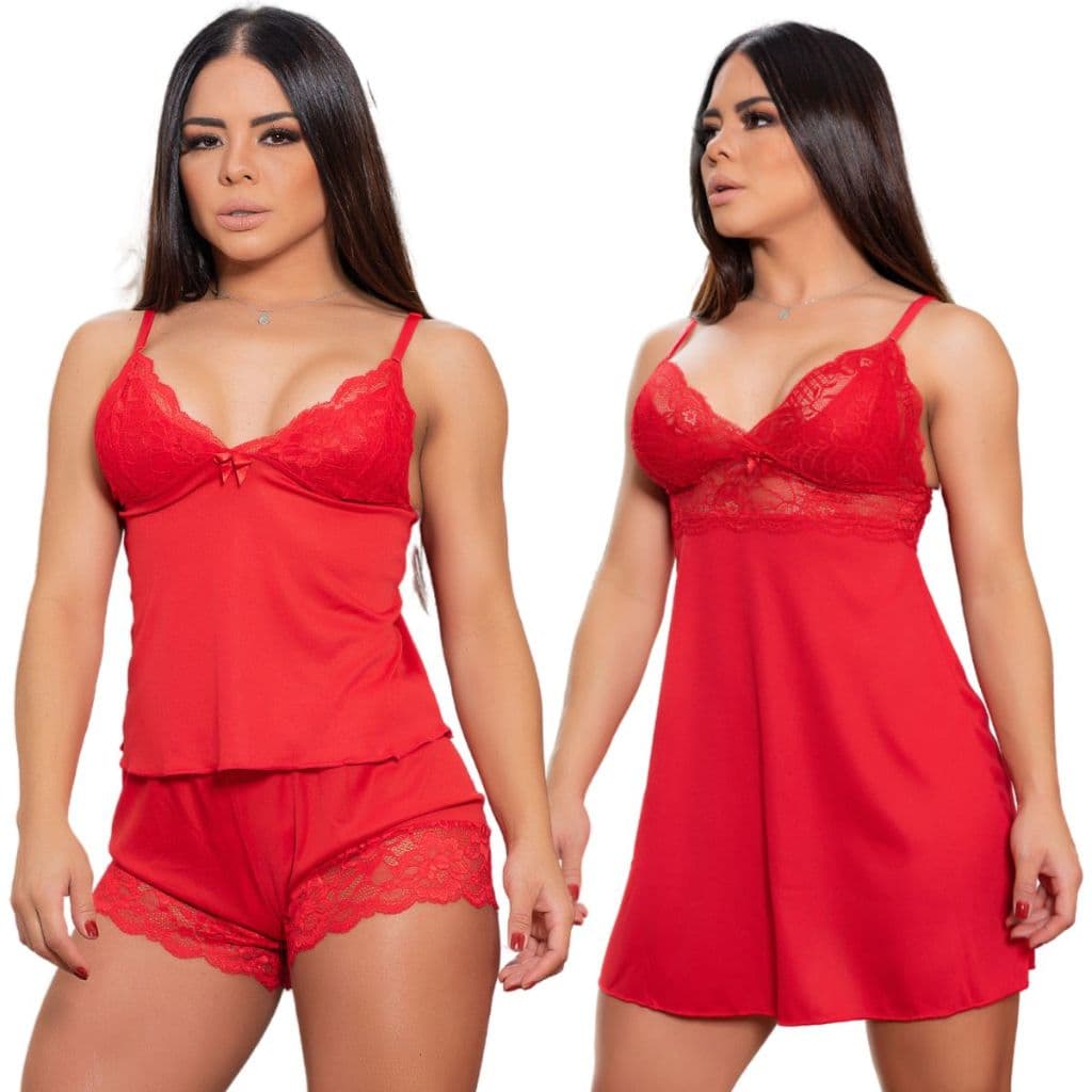 kit  Com 1 camisola feminina com renda  e 1 baby doll short doll pijamas Roupa de dormir