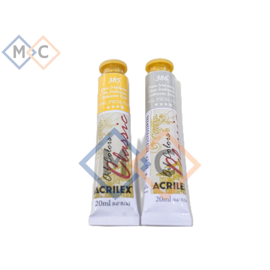 Tinta a Oleo Acrilex para Tela 20ml Ouro Iridescente 385 Prata Iridescente 386