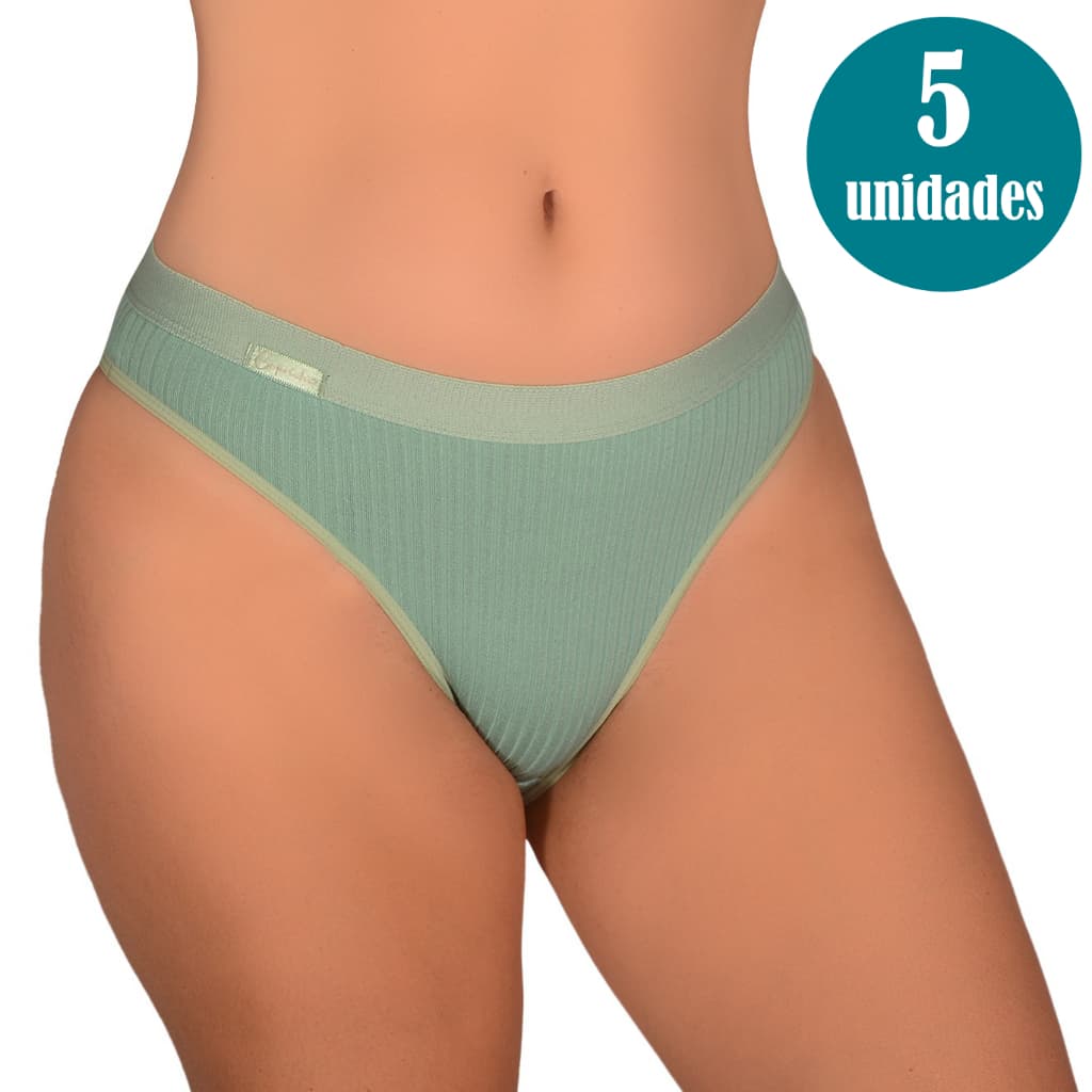 Kit c/ 5 Calcinhas Tanga Talita Ribana Canelada Feminina Forro Algodão Confortável