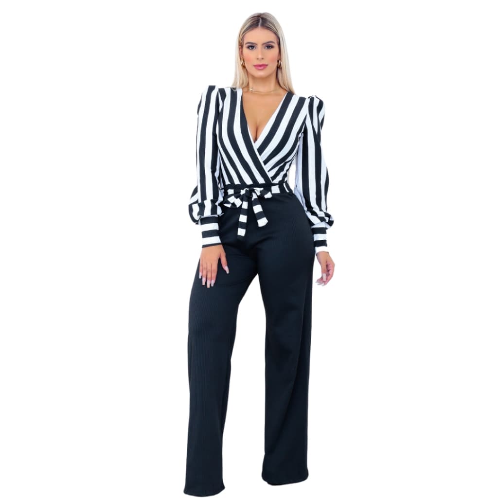 Conjunto Macacão Feminino Longo Pantalona Social Elegante chique com malha canelada decote em laço moda feminina