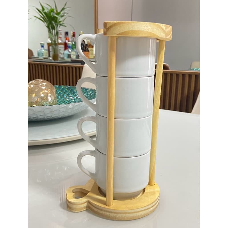 Kit 4 Xícara Chá Café Modelo Hotel 200 ml Com Suporte Em Pinus