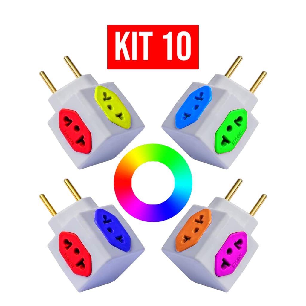 Kit 10 Adaptador de Tomada Benjamin Cubo Colorido 4 Entradas 10A  20A