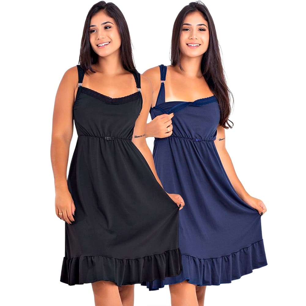 Kit 2 Camisolas de Amamentação Fecho Click Microfibra e Renda Mamãe e Bebê | 184