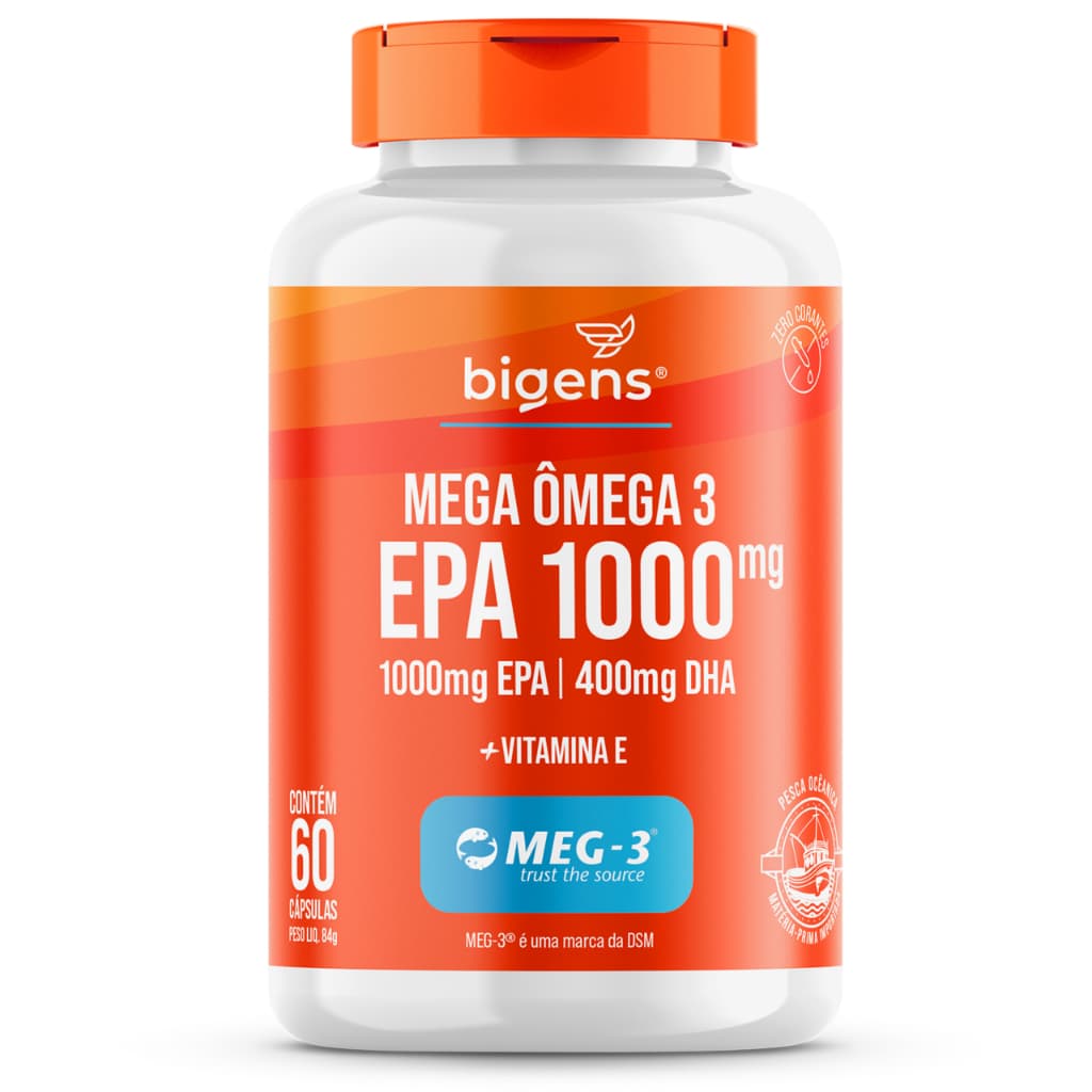 Mega Omega 3, EPA 1000mg DHA 400mg, com vitamina E, Certificado MEG-3, 60 cápsulas, Bigens (UNIDADE)