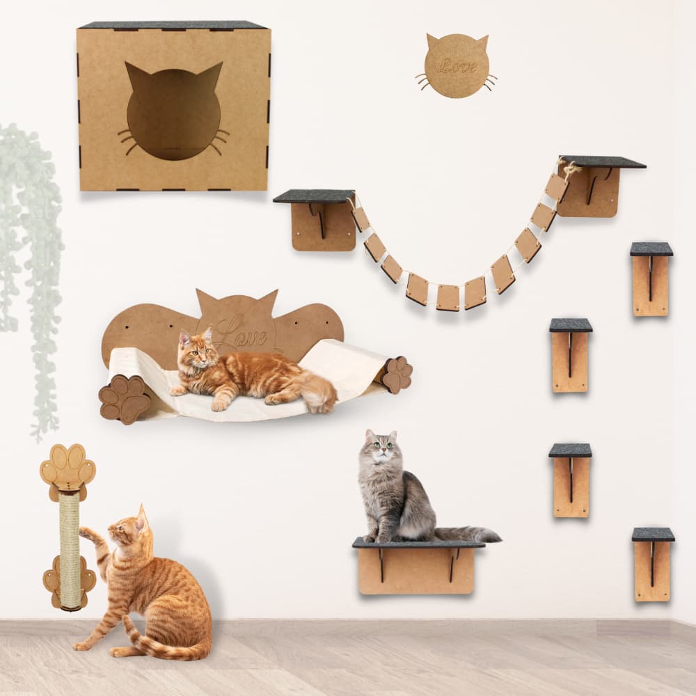 Playground Para Gatos 9 Peças Brinquedo de Gato com Arranhador Nicho Ponte Degrau Rede em MDF