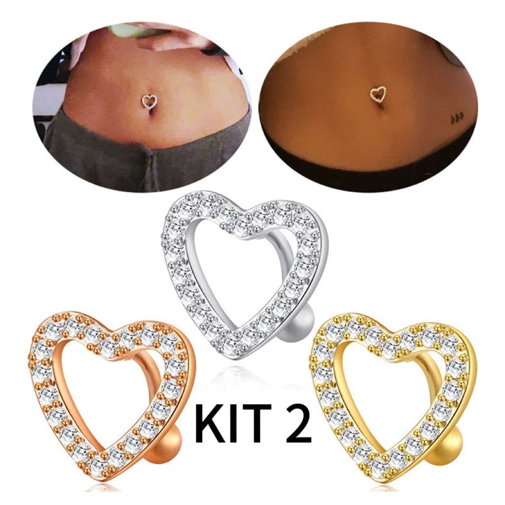 kit 2 Piercing de umbigo com decoração em coração de zircão 1unidade