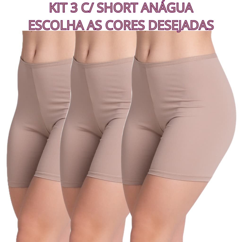 KIT 3 Short Segunda Pele Anágua Liso Feminina Básico