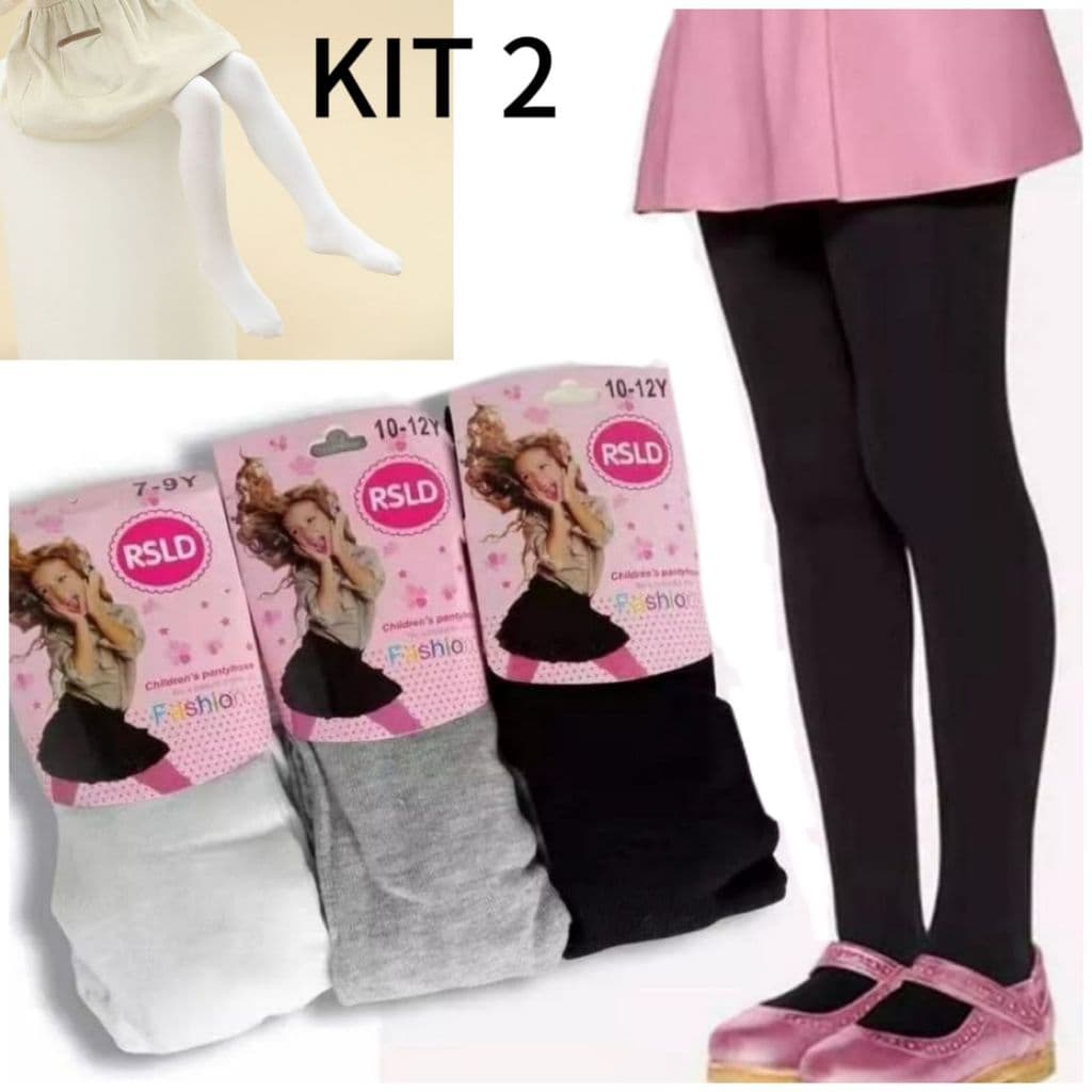 Kit com 2 Meia calça infantil Frio Inverno Para Bebê Menina cor Branca/Preto