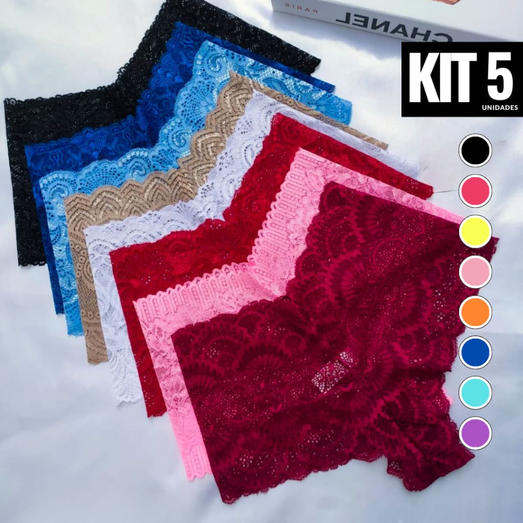 Kit 5 Calesson Lingerie Calcinha Renda Feminino Caleçon Shortinho Sexy Lingerie Espera Marido Rendado Conforto Sensual