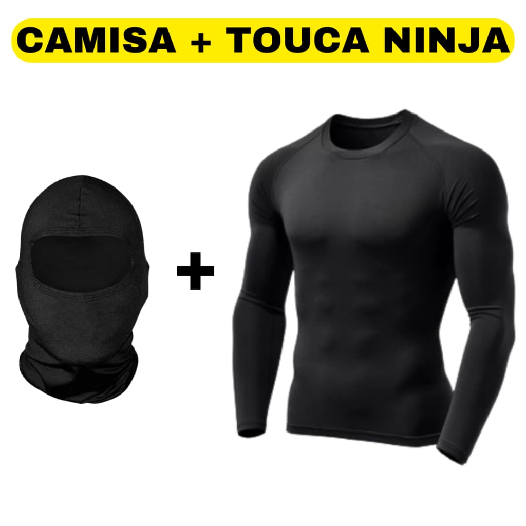 Kit Camisa Térmica uv masculina + Touca Ninja Toca Preta Bala Clava