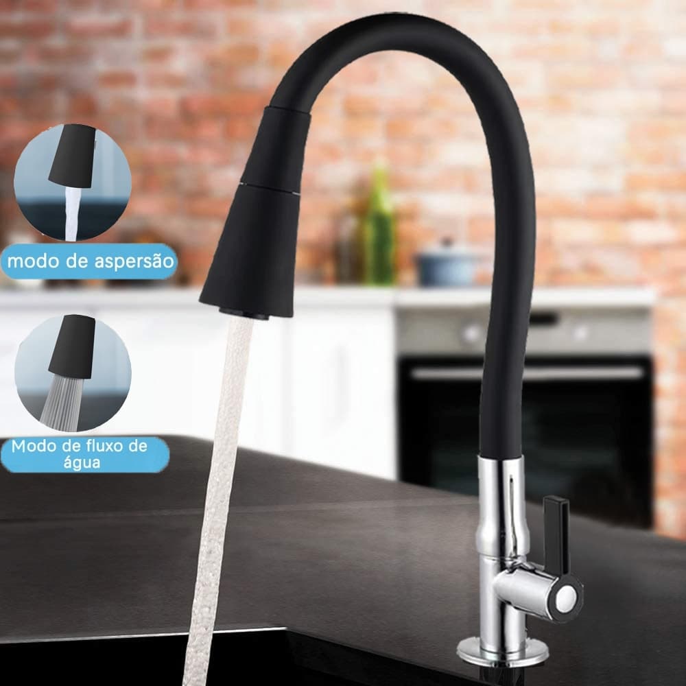Torneira Gourmet Cozinha de Pia Mesa Bancada Flexível Dois Jatos Cone 1/4 de Volta Preta