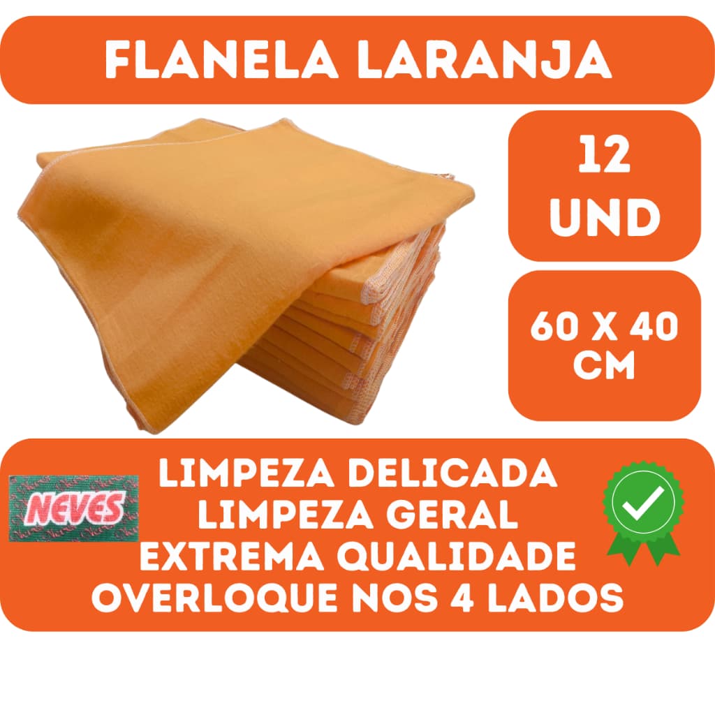 Flanela Laranja 40x60 Para Limpeza Geral - 12 Unidades
