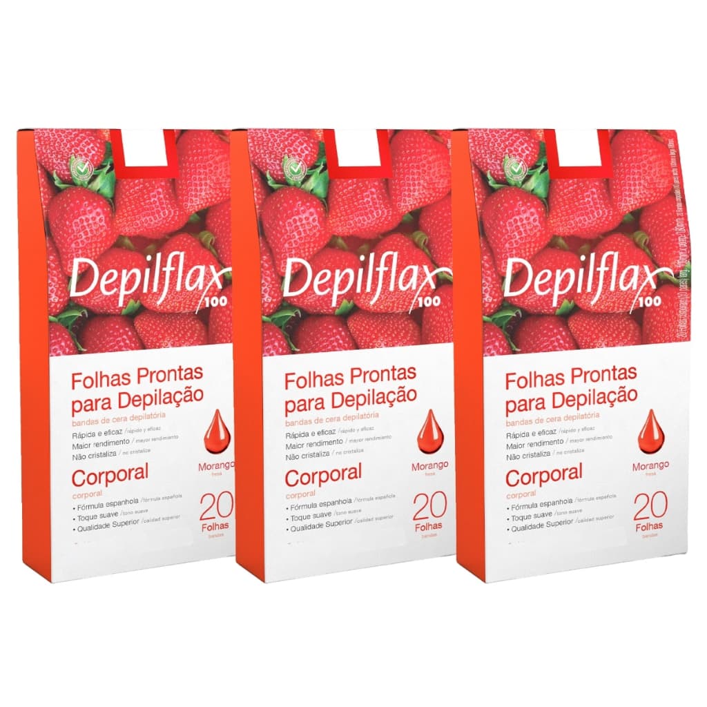 Folhas Prontas Para Depilação Corporal Morango Depilflax Cera Depilatoria Profissional 20un - Kit 3 Caixas