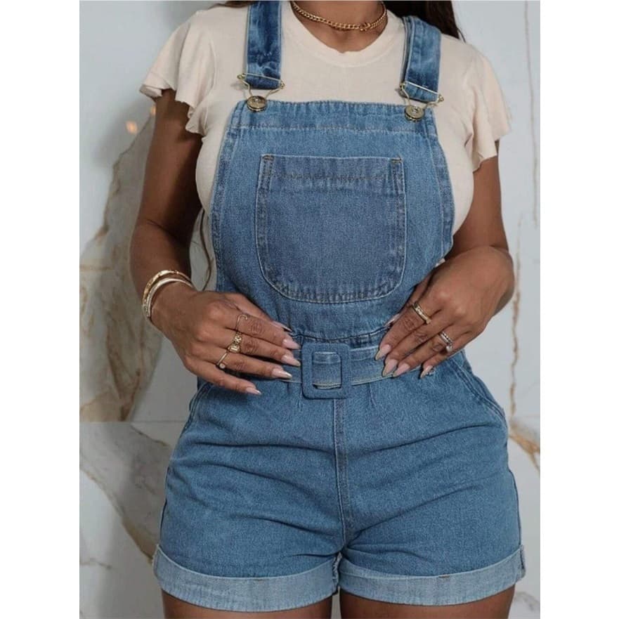 Jardineira Jeans Feminino com Cinto Fivela Forrada