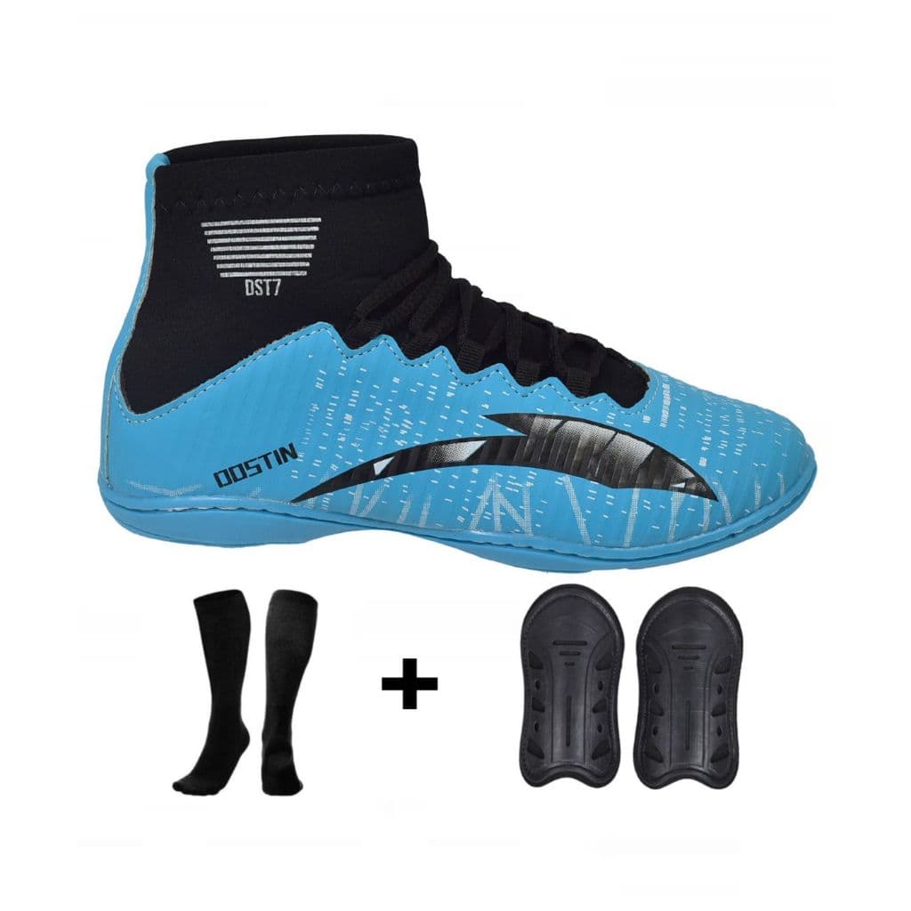 kit completo chuteira botinha futsal com meiao e caneleira original