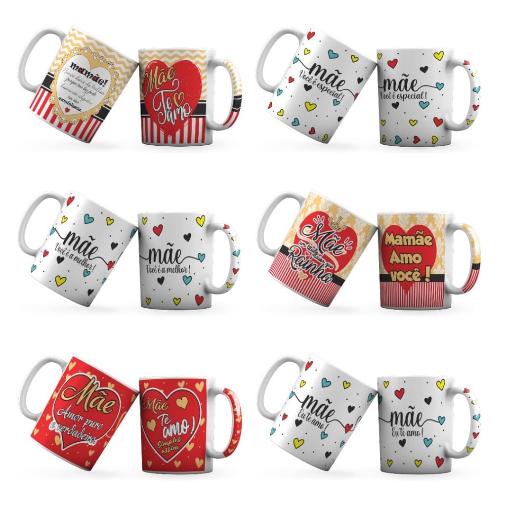 Kit 6 Canecas de Porcelana para Dia das Mães 300ml - Xícaras Grandes - Leite - Café - Presente Ideal