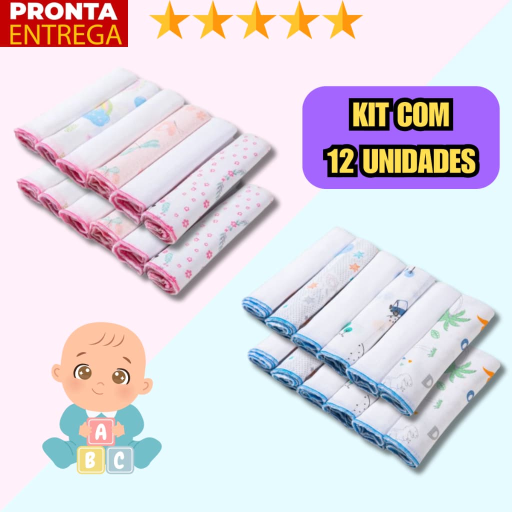 12 Unidades Pano de Boca Bebe Fralda de Boca Babete 100% Algodão 30cm x 30cm