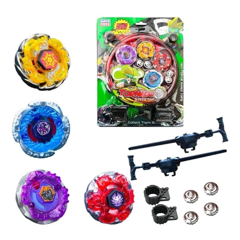 Kit 4 Beyblade Metal Led + Lançador + Arena Promoção Tornado Brinquedo Lança Blay Blade Luz