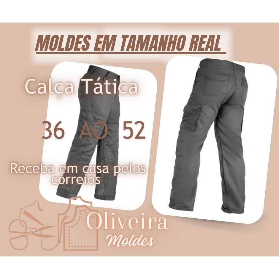 MOLDE CALÇA MILITAR MULTIFUCIONAL REFORÇADA, TÁTICA, COM BOLSOS, MOLDES EM TAMANHO REAL, IMPRESSOS NOS TAMANHOS 36 AO 52