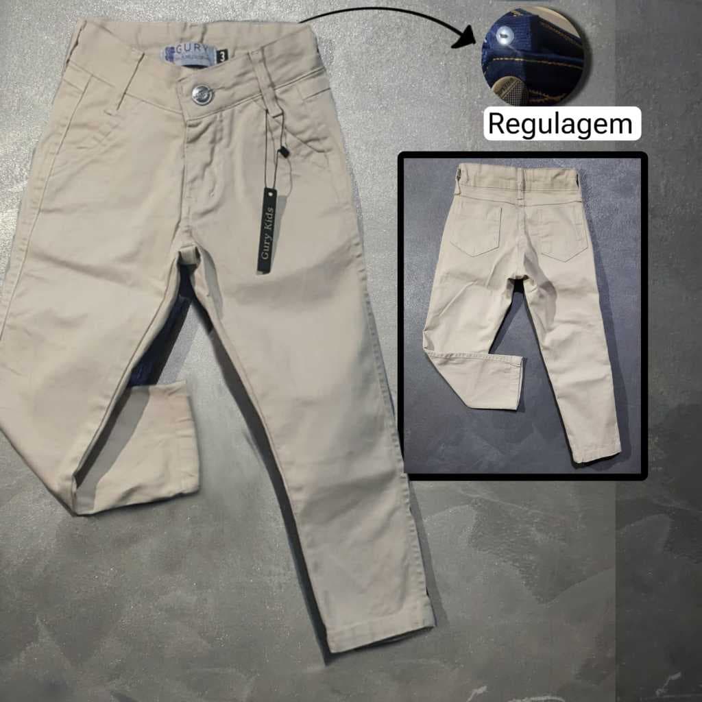 Calça Brim Bege Menino Infantil Com Regulagem e Elastano