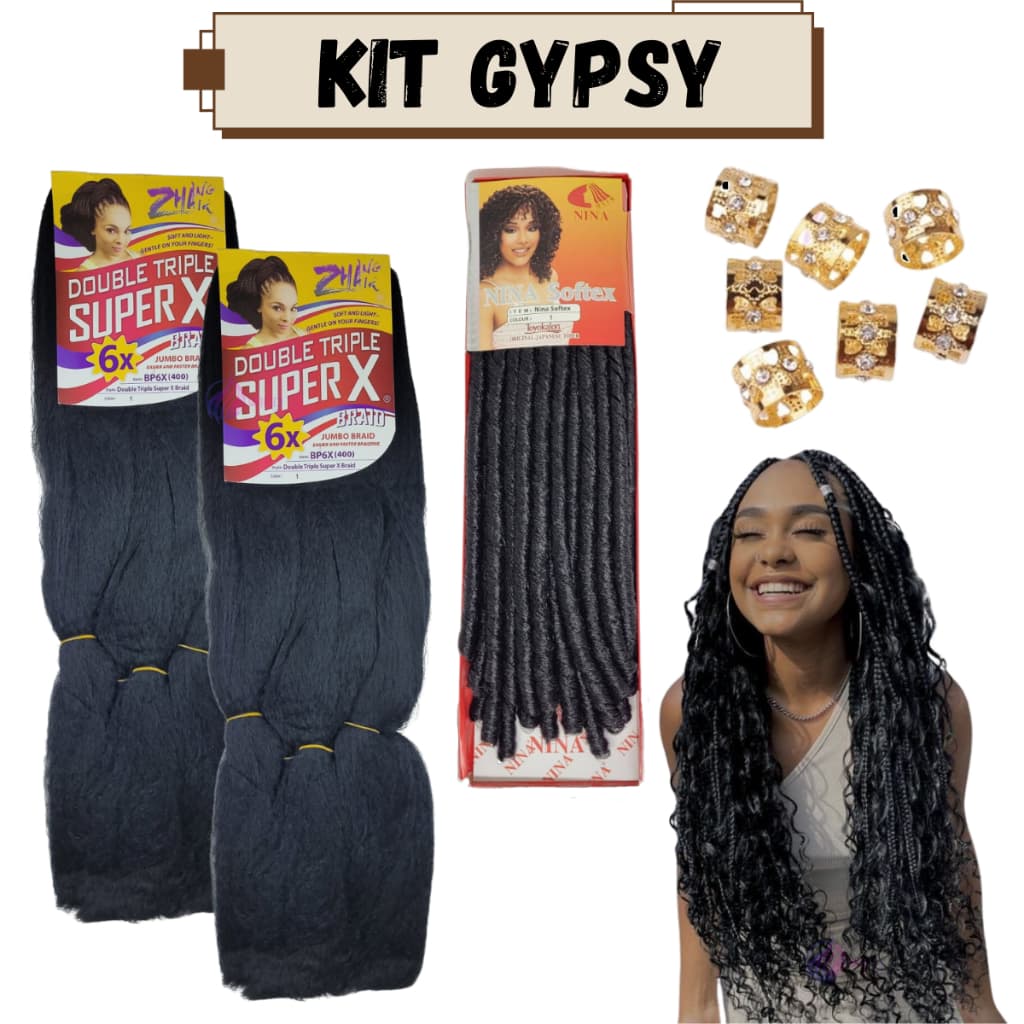 Kit 2 Cabelo Jumbo Jumbão Gypsy Braids Super X Kanekalon Tranças + Nina Softex + Anéis