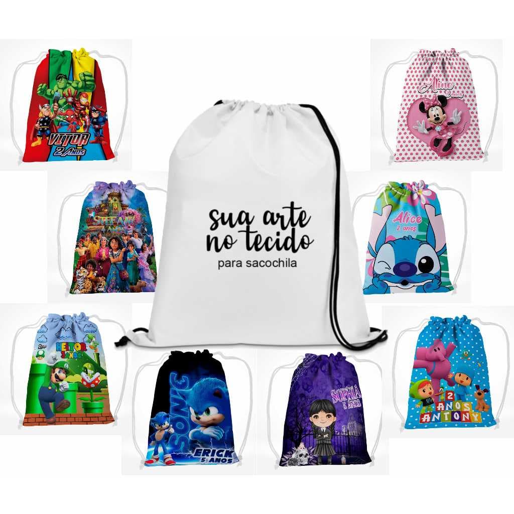 Sacochila Personalizado kit com 20 ou 30 , P-21x29cm  M-25x40cm G-35x45 cm  para festas ou evento qualquer tema !!
