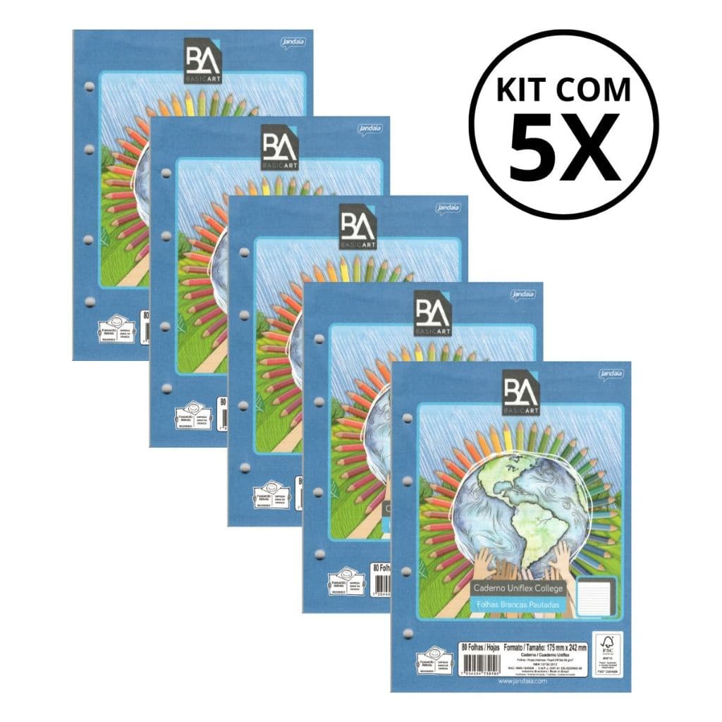 Kit 5 Refil Para Caderno Argolado Colegial 80 Folhas 56g/m² - JANDAIA