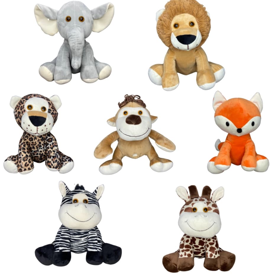 Bichinho de Pelúcia Coleção Safari 30 cm Decoração Festa Infantil Leão Zebra Girafa Raposa Macaco e Elefante
