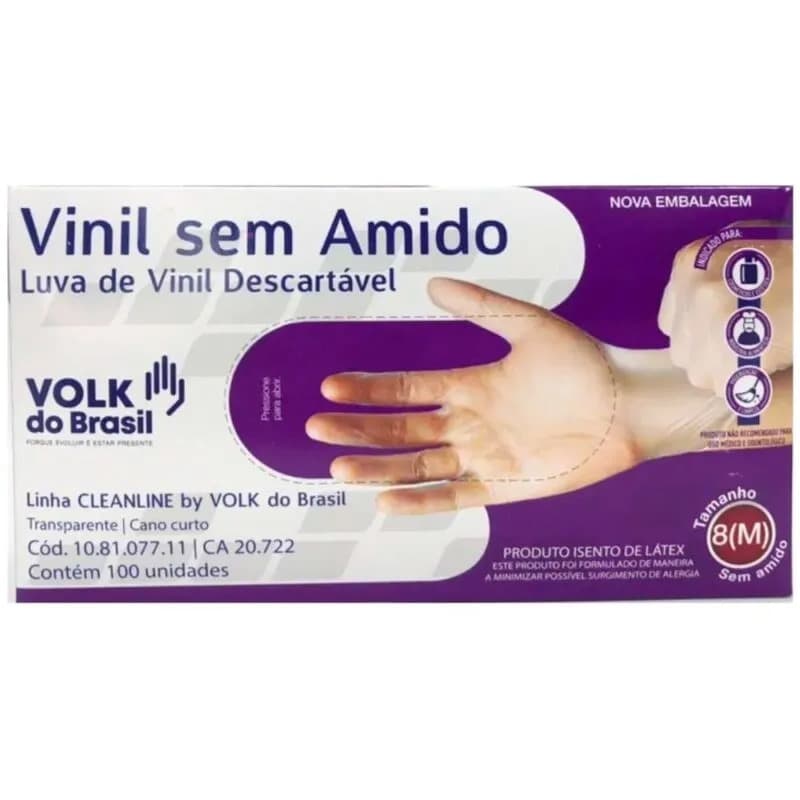 Luva De Vinil Sem Amido Descartável Volk 100 Unidades