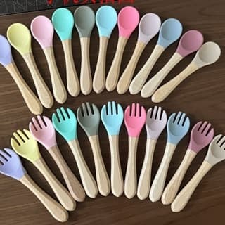 Colher Garfo de Silicone com bambu  para Bebê Macio Introdução Alimentar