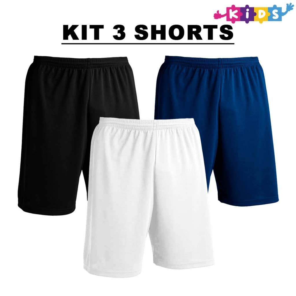 Kit com 3 Bermudas Infantil Preto + Marinho + Cores Crianças Shorts Calção Dry Poliéster Liso