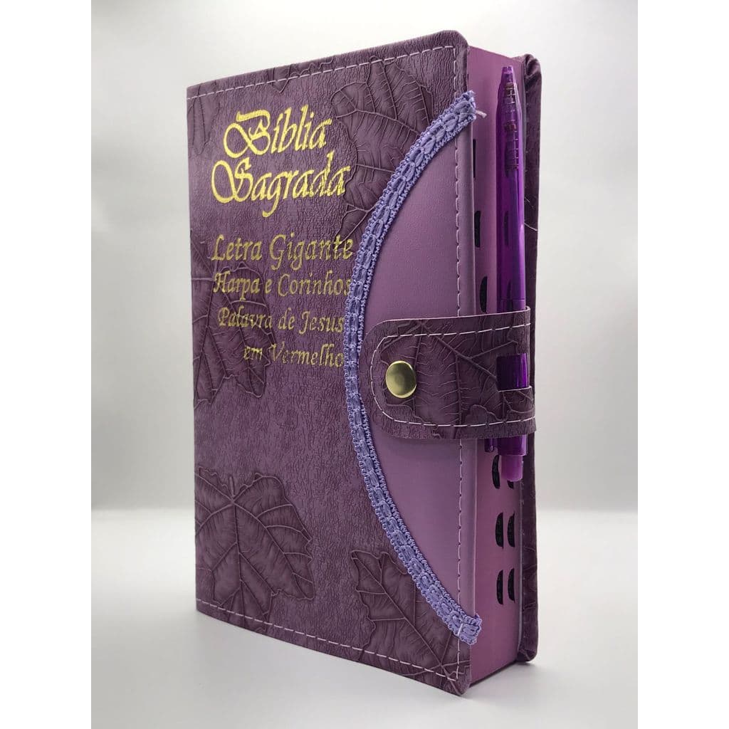 Bíblia Sagrada Tamanho Grande Com Harpa Palavras de Jesus em Vermelho Botão Capa Folha Lilas